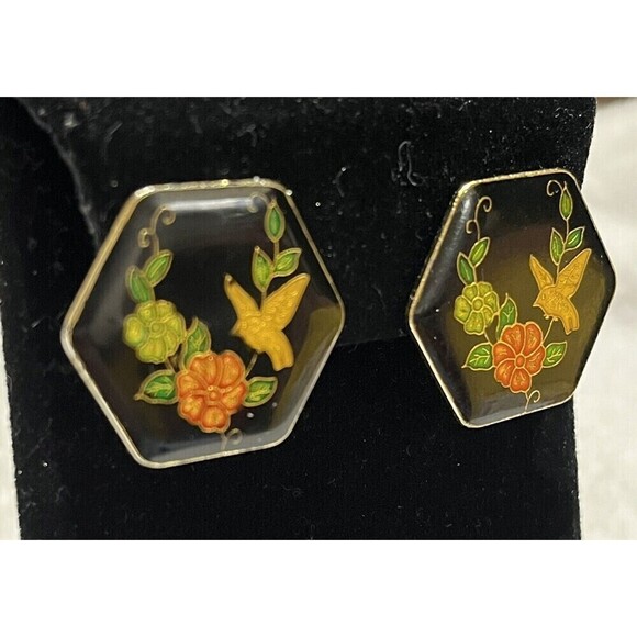 Vintage Cloisonné Bird Clip On Earrings Retro Bird Lovers Gold Tone Hexagon - Picture 5 of 10